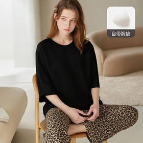 芬腾防凸点女士睡衣春秋季纯棉带胸垫长袖套装豹纹加大码家居服