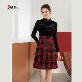 司歌丝绒拼粗花呢格子假两件连衣裙秋冬复古优雅A901197X