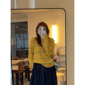 25AW上新 佳佳同款【芒果圈】圆领麻花纹路横线感套头毛衣长袖百搭慵懒撞色