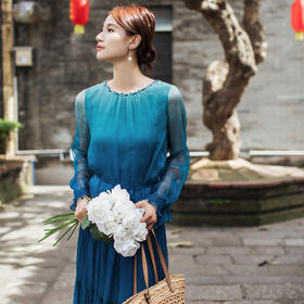 【林栖设计小店】真丝衫青绿渐变花边显瘦2025秋冬新款桑蚕丝长袖上衣女T1954197