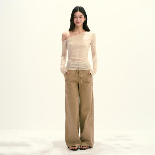 Ariseism美式复古设计感斜肩长袖T恤女秋季新款修身打底上衣 商品图3