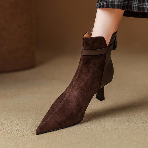 【预售5天】真皮气质翻毛皮绒面高跟鞋女靴，加绒尖头细跟短靴SLLK&sl-8138 商品图3