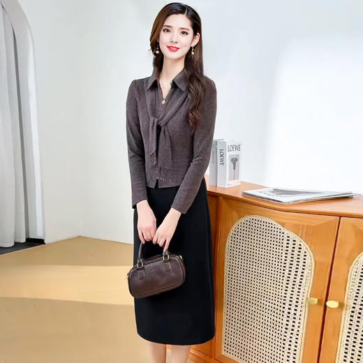 QYM 53B2518-Y衬衫领连衣裙假两件包臀裙时尚气质拼色连衣裙 商品图1