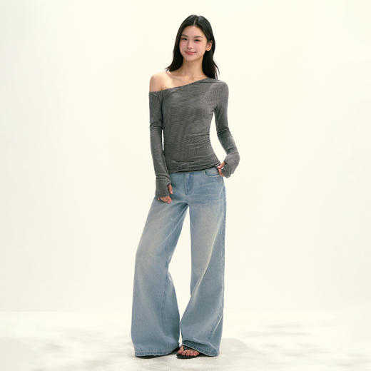 Ariseism美式复古设计感斜肩长袖T恤女秋季新款修身打底上衣 商品图4