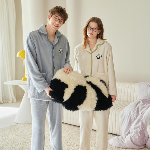 芬腾情侣睡衣秋冬季珊瑚绒长袖套装抗静电可爱卡通熊猫休闲家居服 商品图2
