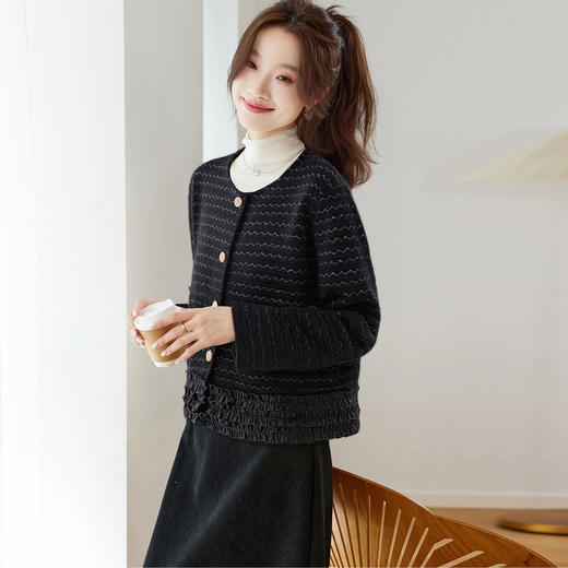 CC 2115小香风圆领韩版外套洋气蕾丝拼接上衣开衫 商品图3