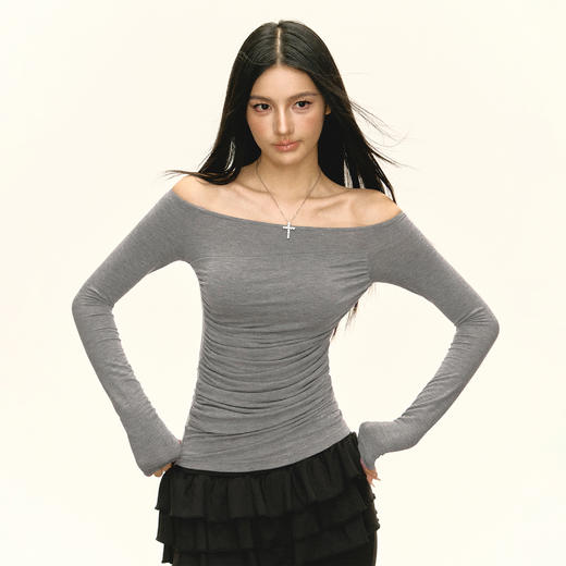 Ariseism美式复古设计感斜肩长袖T恤女秋季新款修身打底上衣 商品图3