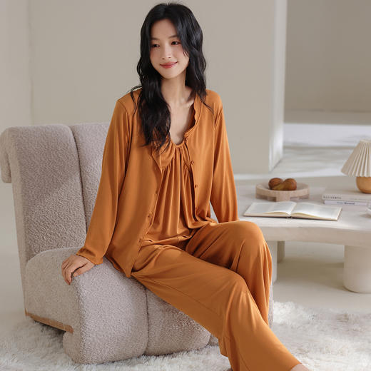 雀说 春秋季吊带三件套睡衣女带胸垫纯棉性感甜美家居服 商品图3