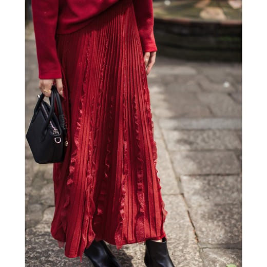 【林栖设计小店】（现货）多色秋色彩葱花边毛织半身裙气质修身优雅2025秋冬新款长裙女T1954176 商品图3