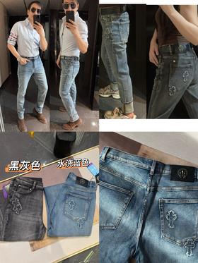 克&心十字架刺绣五金皮标纯棉牛仔裤