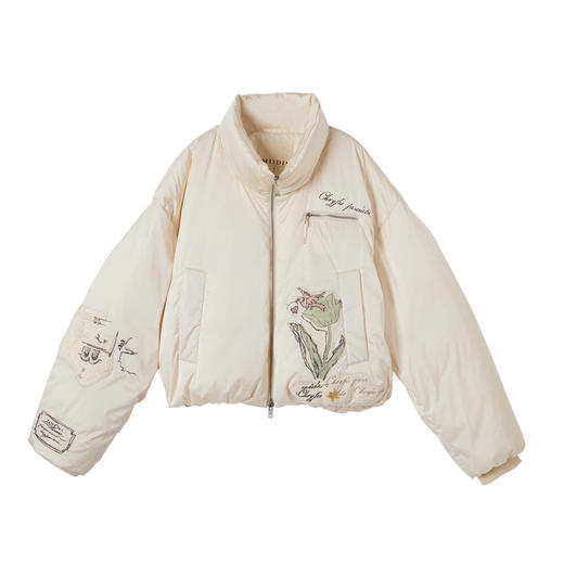 谜底立领短款羽绒服女2025冬款鸭绒抽绳下摆印花贴布绣254MY1476 商品图4