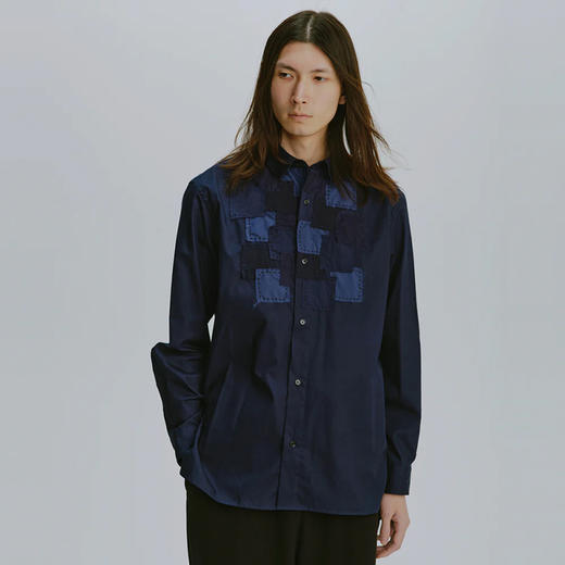 KUON Regular Collar Tux Shirket 古布拼接蓝染长袖衬衫 商品图0