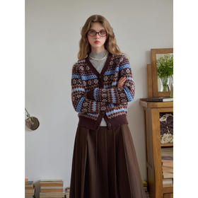 SimpleRetro全羊毛提花v领费尔岛针织衫女