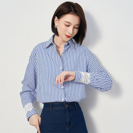 【棉混纺 设计感】罗蒙春秋女士长袖衬衫条纹简约大方都市通勤衬衣女 商品图1
