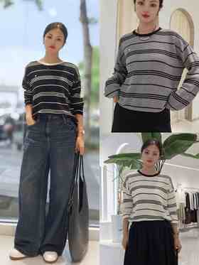 585138条纹后开叉针织套头毛衫