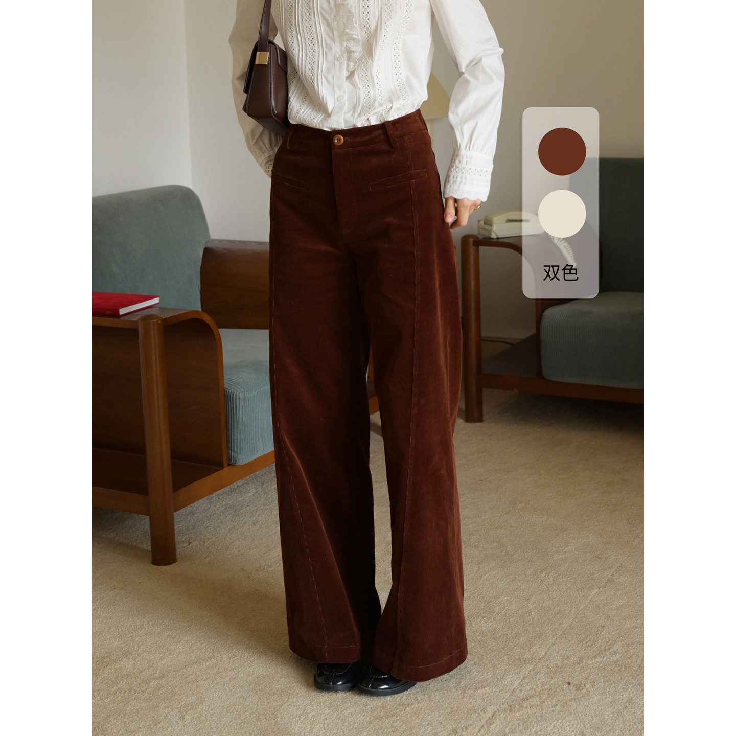 SimpleRetro法式复古高腰灯芯绒阔腿裤女