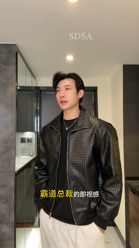 T25326SDSA男士秋冬新款痞帅男装复古皮衣格子拉链立领夹克百搭时尚外套