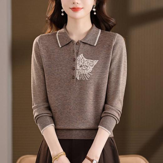 法式优雅撞色翻领针织衫，猫咪刺绣显瘦长袖毛衣CC-QQH-9233 商品图3