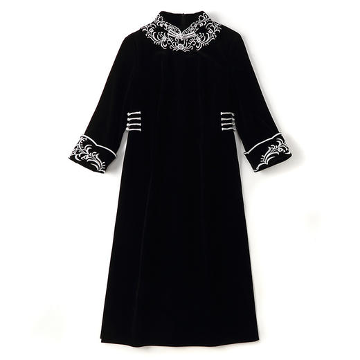 秋平绒绣银丝黛七分袖修身旗袍连衣裙AYK200506 商品图4