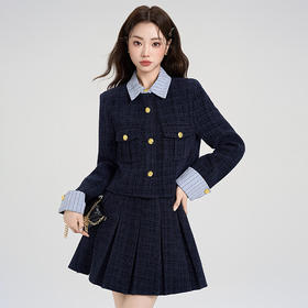 西遇小香风套装裙女秋季新款条纹拼接撞色短款外套两件套V0055466/SS051605