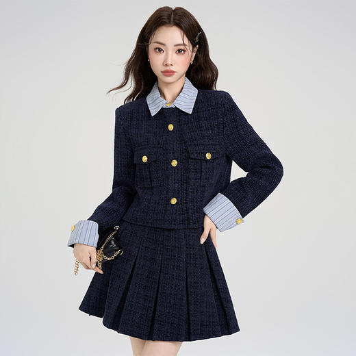 西遇小香风套装裙女秋季新款条纹拼接撞色短款外套两件套V0055466/SS051605 商品图0