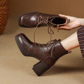 【预售5天】厚底方头系带马丁靴女复古粗跟单靴秋冬新款加绒气质百搭高跟短靴XME&898-820