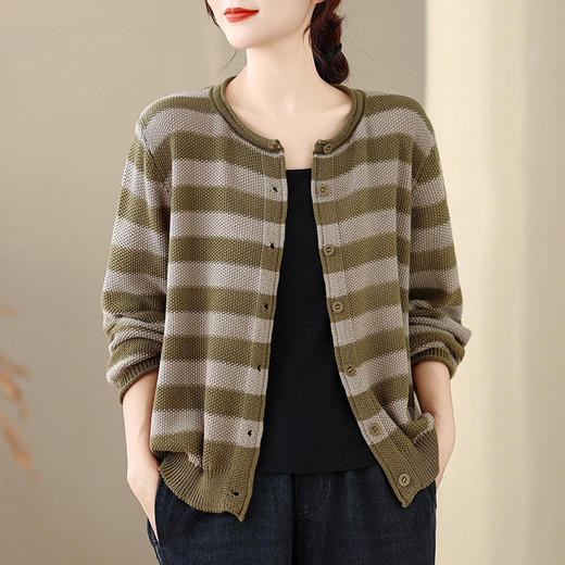 C025-818925新款秋冬复古慵懒风撞色条纹长袖针织开衫宽松显瘦毛衣外套 商品图0