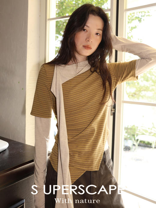 素舶 暖感撞色飘带领不规则下摆剪裁设计感假两件条纹长袖T恤 商品图0