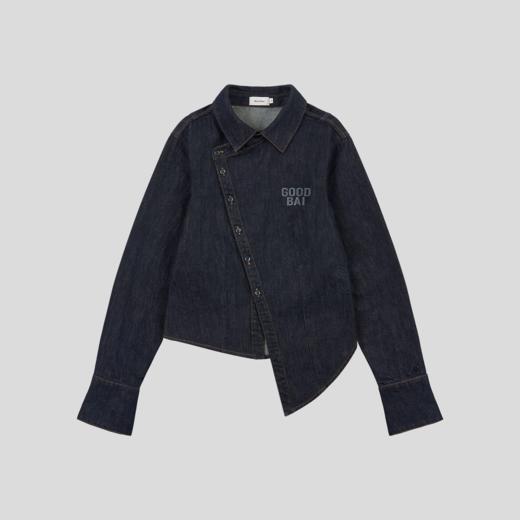 GOODBAI 粗体logo印花翻领斜襟不规则下摆收腰长袖牛仔衬衫 商品图3