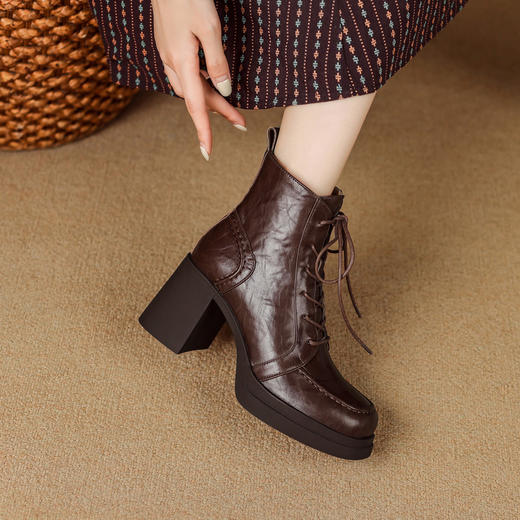【预售5天】厚底方头系带马丁靴女复古粗跟单靴秋冬新款加绒气质百搭高跟短靴XME&898-820 商品图3