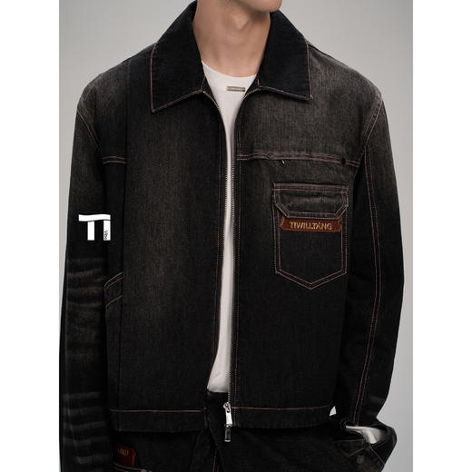启世录TIWILLTANG“夜雾褪尽”褶皱渐变牛仔夹克 商品图1