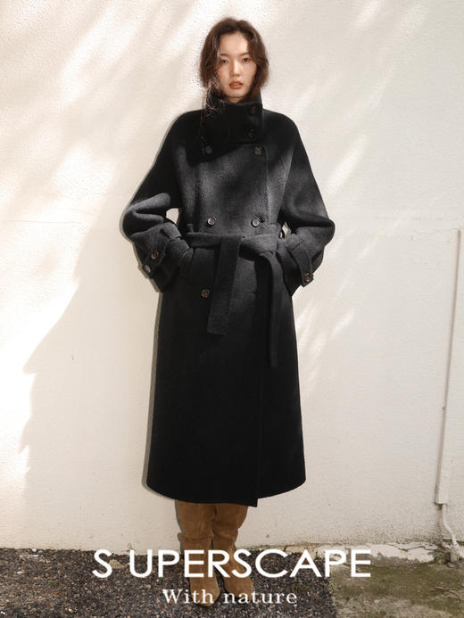 素舶 牦牛绒绵羊毛柔润光泽感双排扣立领长短款双面呢大衣 商品图3