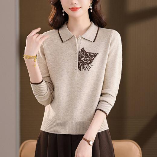 法式优雅撞色翻领针织衫，猫咪刺绣显瘦长袖毛衣CC-QQH-9233 商品图0