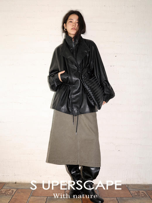 素舶 环保哑光轻洗水抽绳收腰双层立领皮衣夹克 商品图4