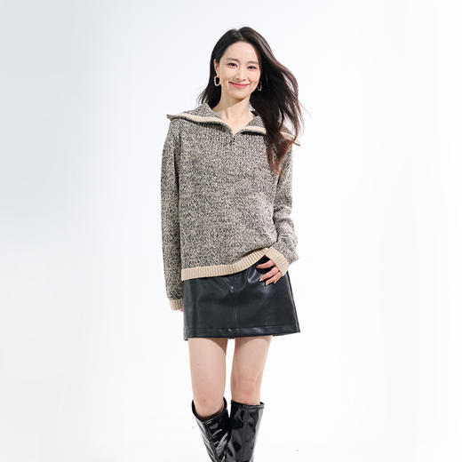 罗蒙针织衫秋冬女士翻领半开襟针织衫休闲撞色边拉链慵懒风设计感毛衣上衣女 商品图4