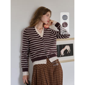 SimpleRetro羊毛V领撞色假两件条纹针织开衫