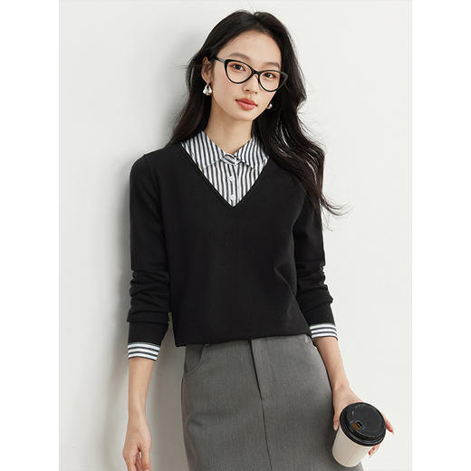 【周四狂欢价】熙世界通勤衬衫领拼接假两件针织衫秋季新款内搭长袖打底衫上衣 商品图4