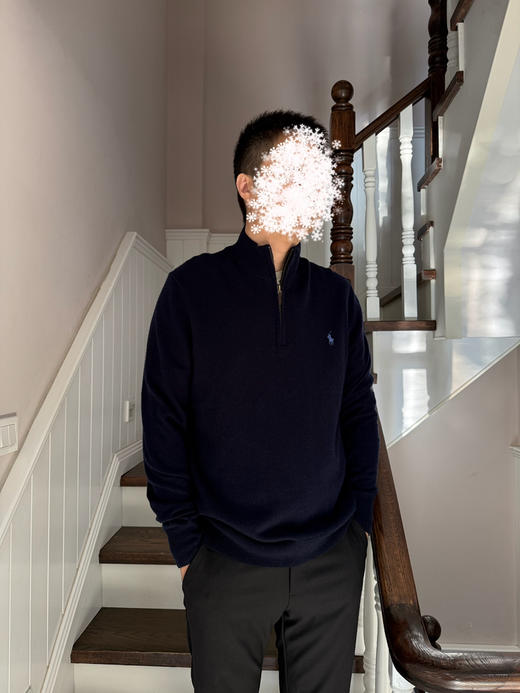 109-4 经典爆款 小马刺绣 内外撞色领口 男士 半拉链 针织套头衫 50羊毛50羊绒 商品图12