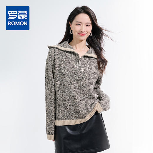 罗蒙针织衫秋冬女士翻领半开襟针织衫休闲撞色边拉链慵懒风设计感毛衣上衣女 商品图0
