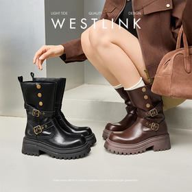西遇厚底骑士靴女新款秋冬两穿复古英伦风马丁靴增高中筒短靴V2157203