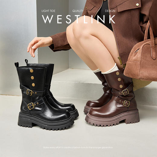 西遇厚底骑士靴女新款秋冬两穿复古英伦风马丁靴增高中筒短靴V2157203 商品图0