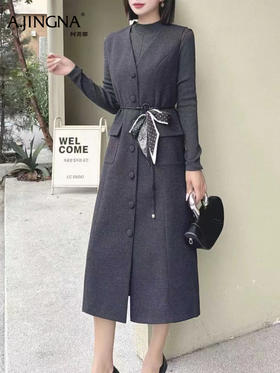 【通勤马甲式】阿菁娜秋季新款马甲式连衣裙通勤飘带设计收腰X型轮廓无袖V领F30D212003