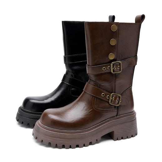 西遇厚底骑士靴女新款秋冬两穿复古英伦风马丁靴增高中筒短靴V2157203 商品图4