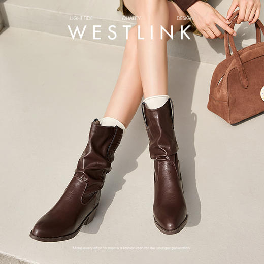 西遇西部牛仔靴女新款秋冬复古V口显瘦堆堆靴子黑色尖头短靴V2157204 商品图1