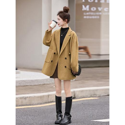 西装款双排扣毛呢外套，中长款宽松驼色双面呢子大衣HR-ASLZ8533 商品图3