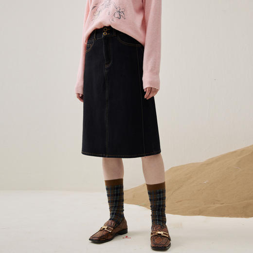 谜底牛仔半裙2025年冬季新品磨毛牛仔不掉色压线显瘦女254MB1452 商品图1