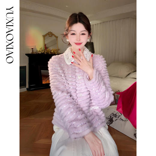 余潇潇【罗兰梦境】奢华感粗花呢拼接珍珠点缀蕾丝花边翻领水貂皮草 商品图3
