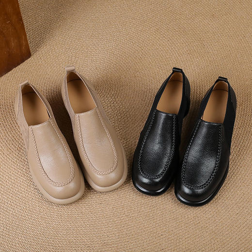 【预售5天】通勤针织弹力深口高跟鞋秋款粗跟圆头超软羊皮单鞋厚底小皮鞋DPJ&29515 商品图4