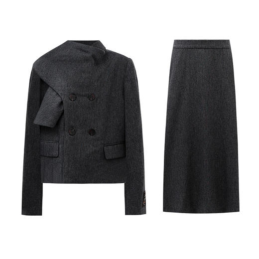 SELFWHO羊毛混纺经典围巾领西装女2025冬新款人字纹双排扣短外套 商品图4