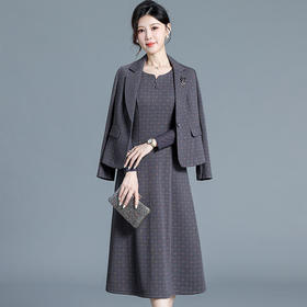 QYM H3391-Y时尚两件套连衣裙长袖打底裙西装外套印花套装裙